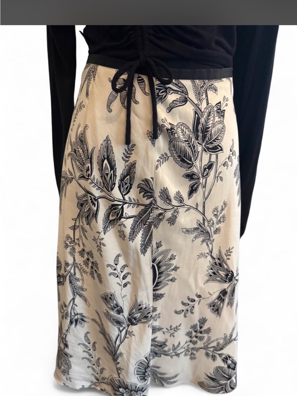 Grace Elements Size 4 100% Silk Floral Midi Skirt Black Ivory A-Line Tie Waist
